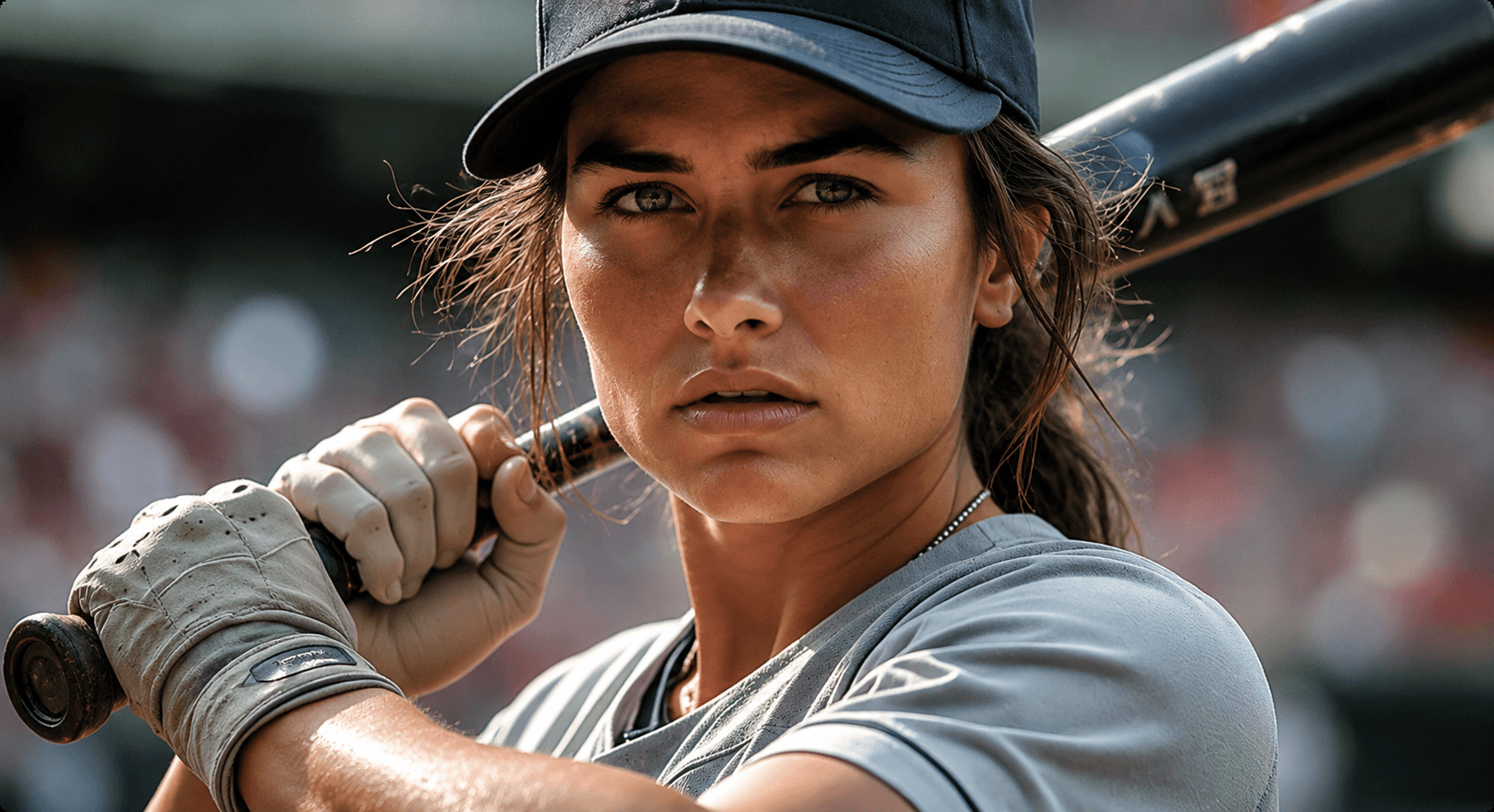 Female baseball player holding a bat over her shoulder with focused expression